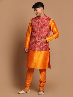 Vastramay - Men Maroon And Orange Silk Blend Jacket, Kurta And Pyjama (Set of 3)