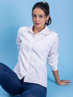 Lounge Dreams - White Schiffli Pure Cotton Shirt
