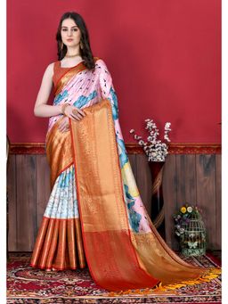 Yavira Silk - Multi-Color Banarasi Handloom Kalamkari Print Saree with Unstitched Blouse