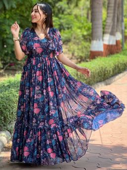 Vastranand - Midnight Navy Blue Floral V-Neck Dress