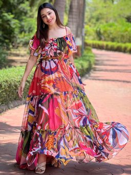 Vastranand - Tropical Printed Off-Shoulder Maxi Dress