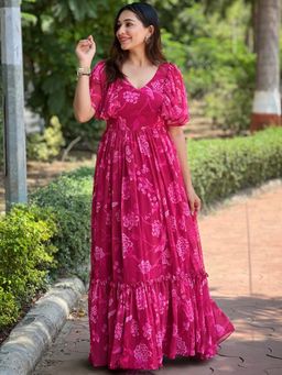 Vastranand - Pink Peony V-Neck Flary Dress