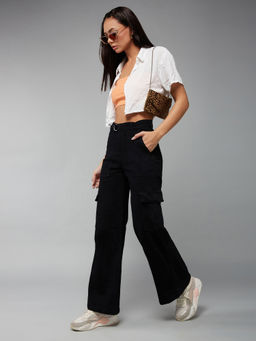 DOLCE CRUDO - Womens Black Wide Leg High Rise Clean Look Regular Stretchable Denim Jeans