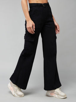 DOLCE CRUDO - Womens Black Wide Leg High Rise Clean Look Regular Stretchable Denim Jeans