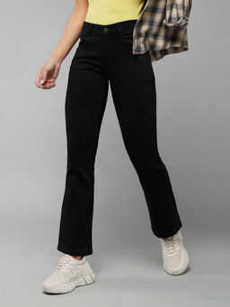 DOLCE CRUDO - Womens Black Bootcut High Rise Clean Look Regular Stretchable Denim Jeans