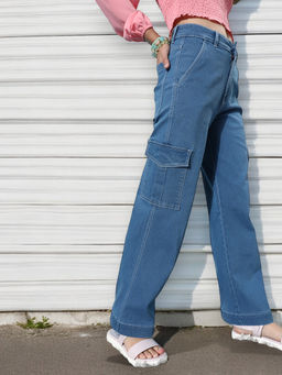 DOLCE CRUDO - Womens Blue Wide Leg High Rise Clean Look Regular Stretchable Denim Jeans