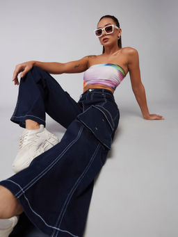 DOLCE CRUDO - Womens Navy Blue Wide Leg High Rise Clean Look Regular Stretchable Denim Jeans