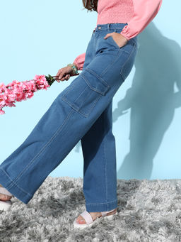 DOLCE CRUDO - Womens Blue Wide Leg High Rise Clean Look Regular Stretchable Denim Jeans