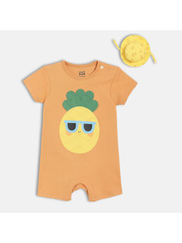 MINI KLUB - Peach Cotton Half Sleeves Applique Romper With Cap (Set of 2)