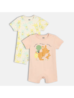 MINI KLUB - Pink & Beige Cotton Half Sleeves Animal Printed Rompers (Pack of 2)