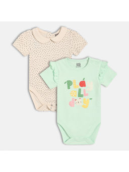 MINI KLUB - Green & Pink Cotton Polka Dots & Text Printed Bodysuits (Pack of 2)