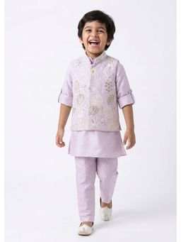Hopscotch - Lavender Embroidered Polyester Blend Kurta with Nehru Jacket and Pyjama