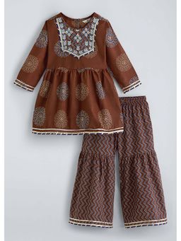 Hopscotch - Brown Printed Cotton Kurta and Sharara