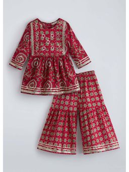 Hopscotch - Red Floral Cotton Kurta and Sharara