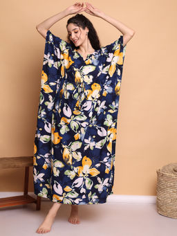 Secret Wish - Navy Blue Floral Rayon Kaftan