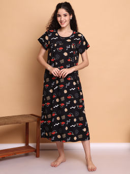 Secret Wish - Black Printed Hosiery Nighty