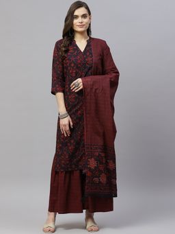 Miravan - Womens Cotton Floral Print Straight Kurta Sharara Dupatta (Set of 3)