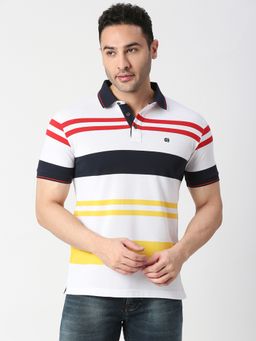 Dragon Hill - Half Sleeves White Multi Coloured Striped Pique Polo T-shirt