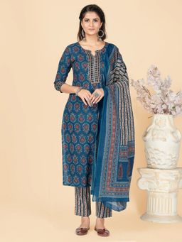 Vbuyz - Womens Sequience & Hand Work Straight Cotton Blue Kurta (Set of 3)