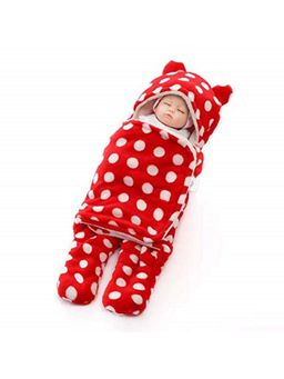 BRANDONN - New Born Baby Hooded Wearable Dots Printed Multipurpose Blankets-Red