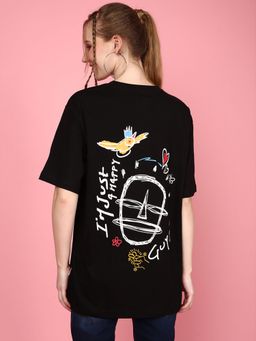JUNEBERRY - Women Happy Guy Black Oversized Printed T-Shirt