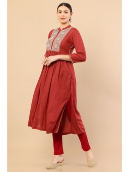 Soch - Rust Rayon Kurta with Embroidered Designs