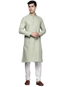 Manyavar - Green Silk Blend Traditional Jacquard Kurta Churidar (Set of 2)