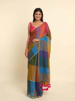 Suta - Multi-Color Checks Cotton Blend Saree