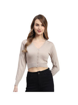 Monte Carlo - Beige Solid V-Neck Full Sleeves Cardigan