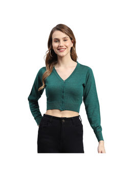 Monte Carlo - Green Solid V-Neck Full Sleeves Cardigan