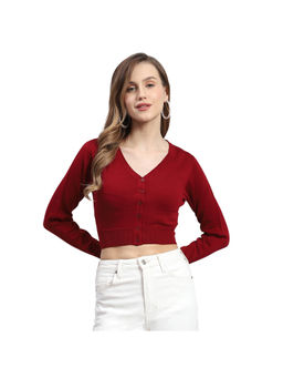 Monte Carlo - Maroon Solid V-Neck Full Sleeves Cardigan