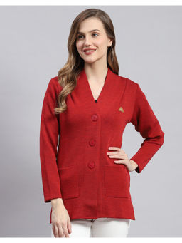 Monte Carlo - Red Solid V-Neck Full Sleeves Cardigan