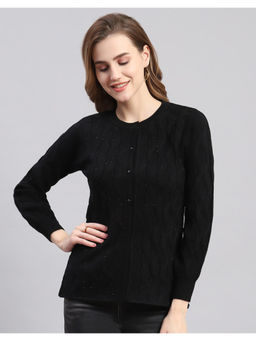 Monte Carlo - Black Self Design Round Neck Full Sleeves Cardigan