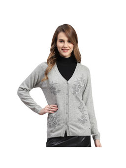 Monte Carlo - Grey Solid V-Neck Full Sleeves Cardigan