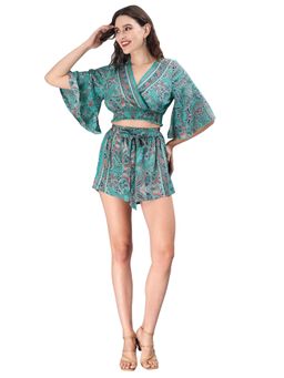 Aditi Wasan - Avana Silk Print Green Polysilk Halter Top and Shorts (Set of 2)