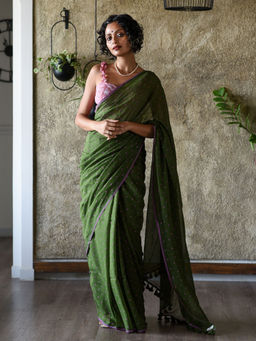 Suta - Green Pure Cotton Polka Dots Printed Saree