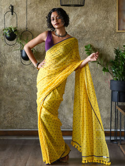 Suta - Yellow Pure Cotton Polka Dots Printed Saree