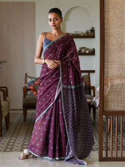 Suta - Purple Pure Cotton Floral Printed Saree