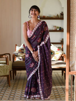 Suta - Purple Pure Cotton Floral Printed Saree