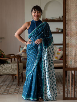 Suta - Blue Pure Cotton Floral Printed Saree