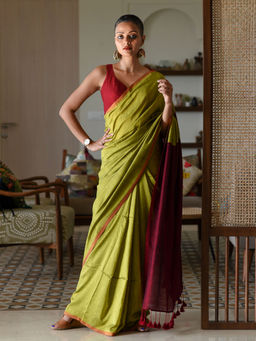 Suta - Lime Green Cotton Blend Solid Saree