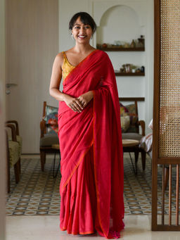 Suta - Red Cotton Blend Solid Saree