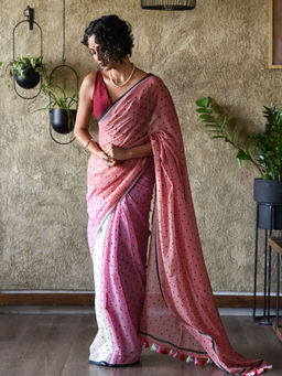 Suta - Pink Pure Cotton Polka Dots Printed Saree