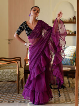 Suta - Purple Cotton Blend Solid Saree