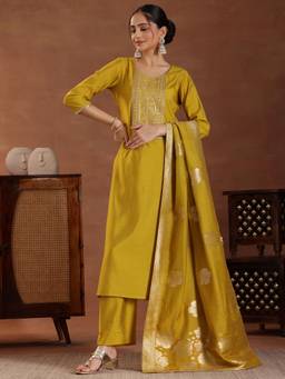 Libas - Women Mustard Embroidered Kurta with Pant and Dupatta (Set of 3)
