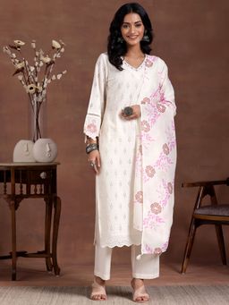 Libas - Women Off White Self Design Kurta with Pant and Dupatta (Set of 3)