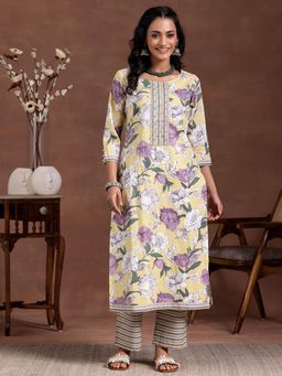 Libas - Women Yellow Floral Kurta with Pant (Set of 2)