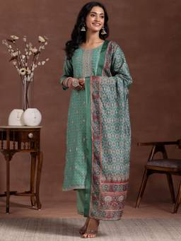 Libas - Women Green Printed Kurta with Pant and Dupatta (Set of 3)