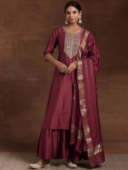 Libas - Women Mauve Embroidered Kurta with Sharara and Dupatta (Set of 3)