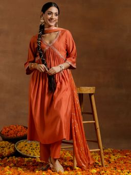 Libas - Women Rust Embroidered Kurta with Pant and Dupatta (Set of 3)